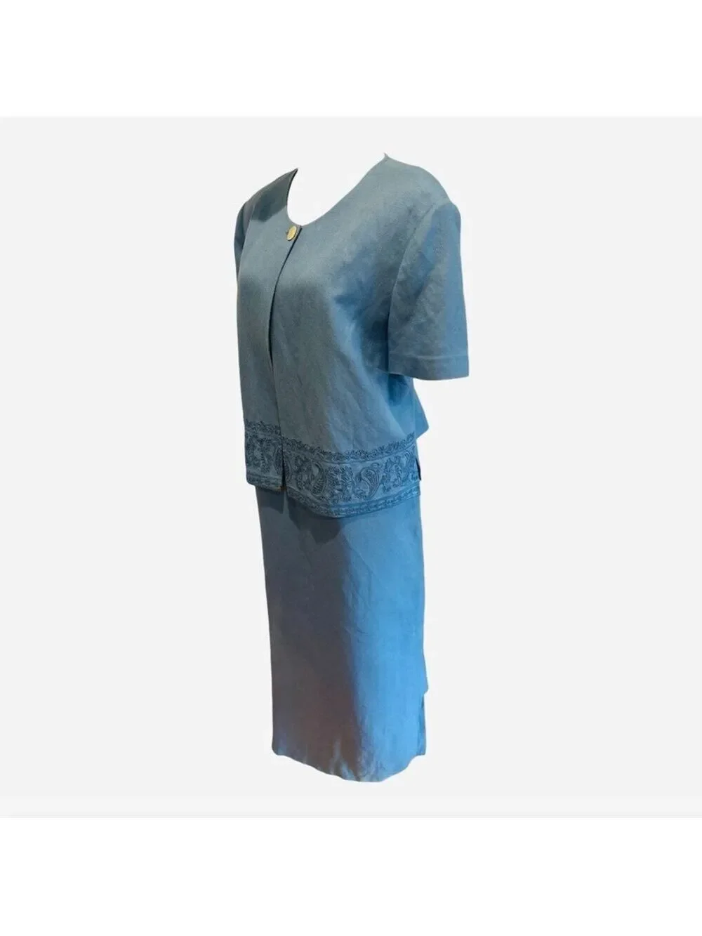 80s 2PC TALBOTS CORNFLOWER BLUE COASTAL SHEATH DRESS & JACKET W EMBROIDERY SZ 16